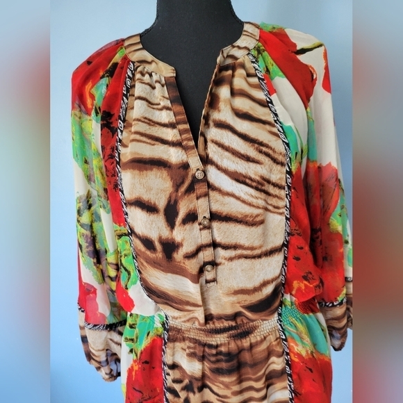 Calvin Klein Floral Animal Print Brown Tunic Top Size Medium - Picture 3 of 10